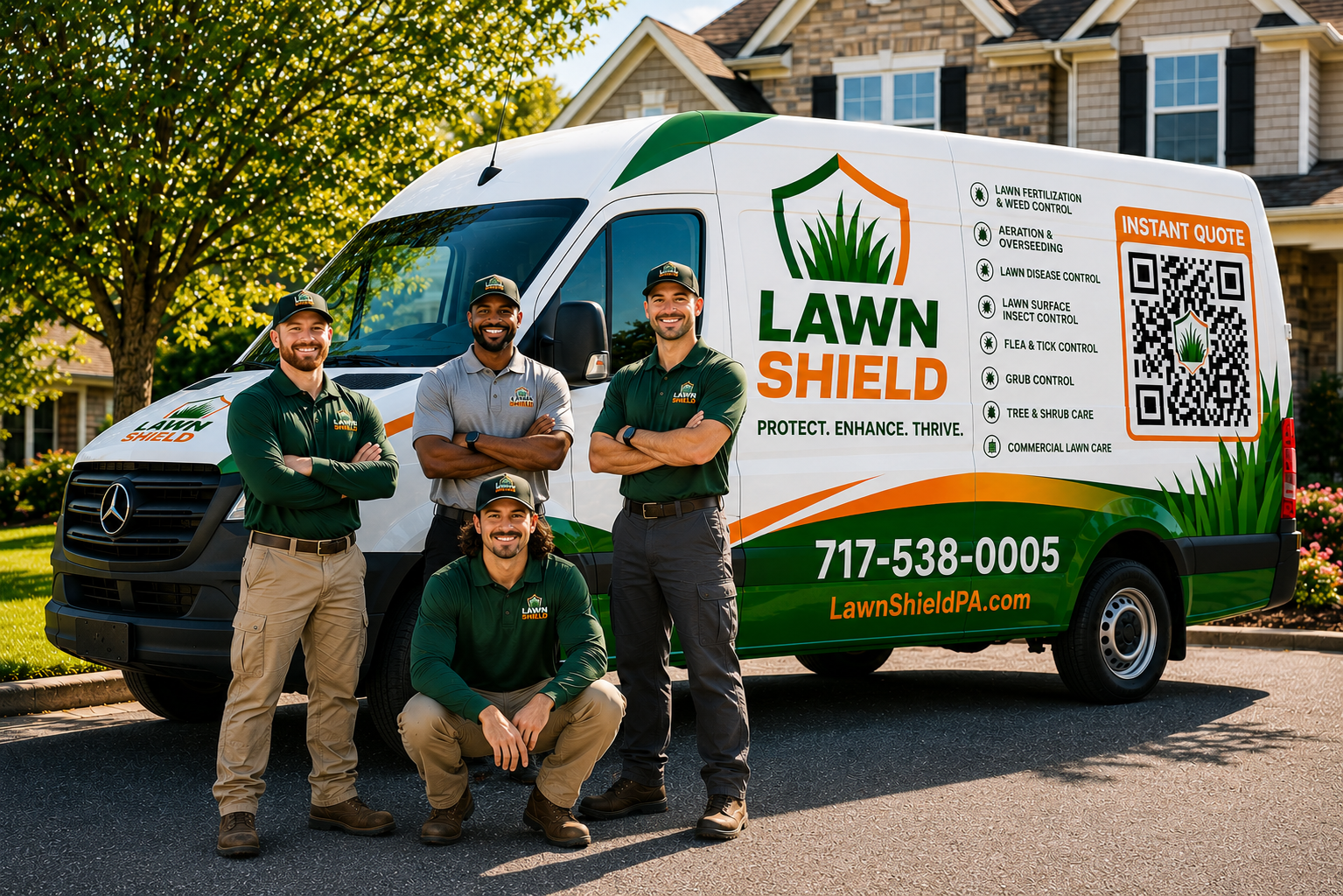 The Lawn Shield crew standing in front of their branded lawn treatment service van outside a Lancaster County home