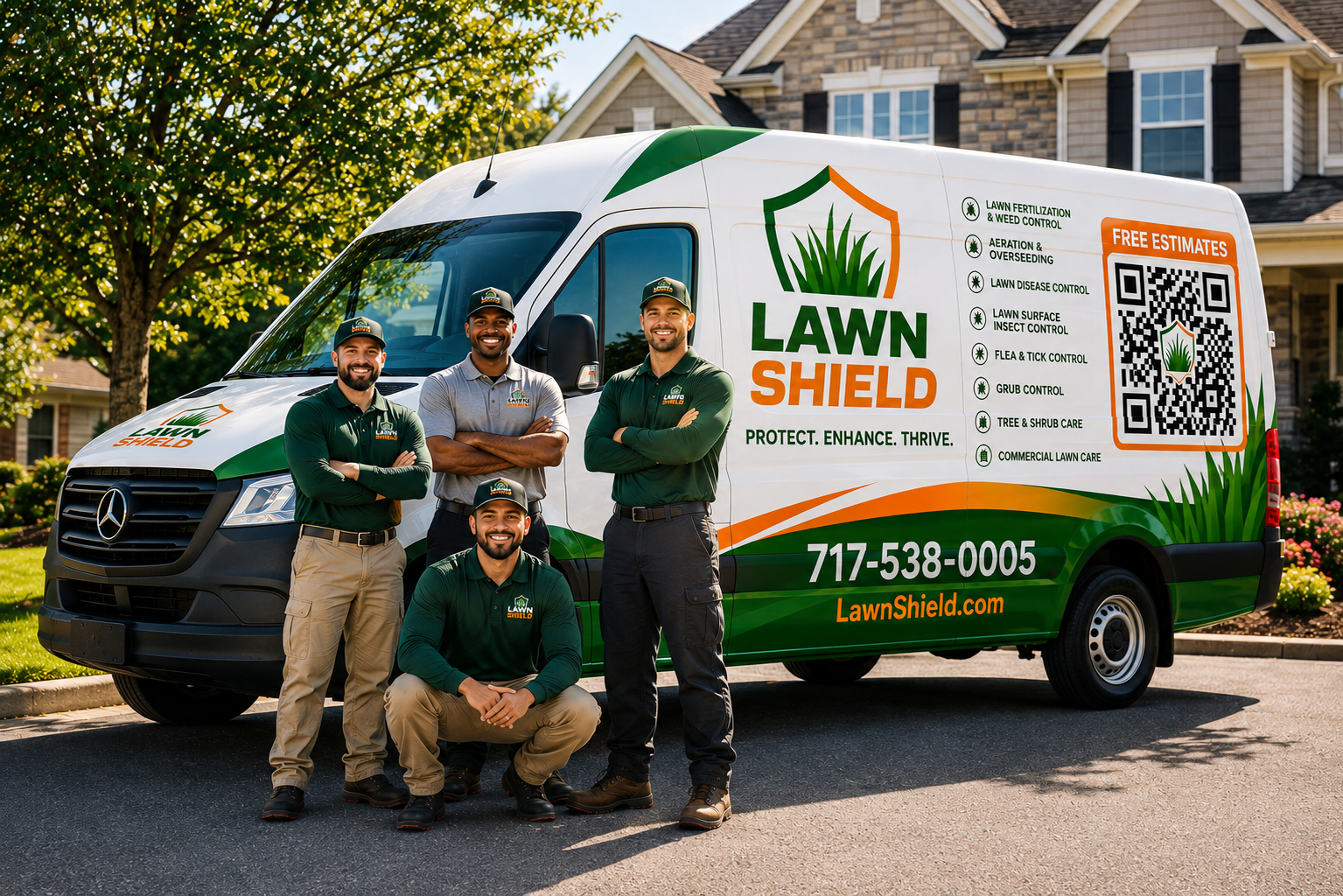 The Lawn Shield crew standing in front of their branded lawn treatment service van outside a Lancaster County home