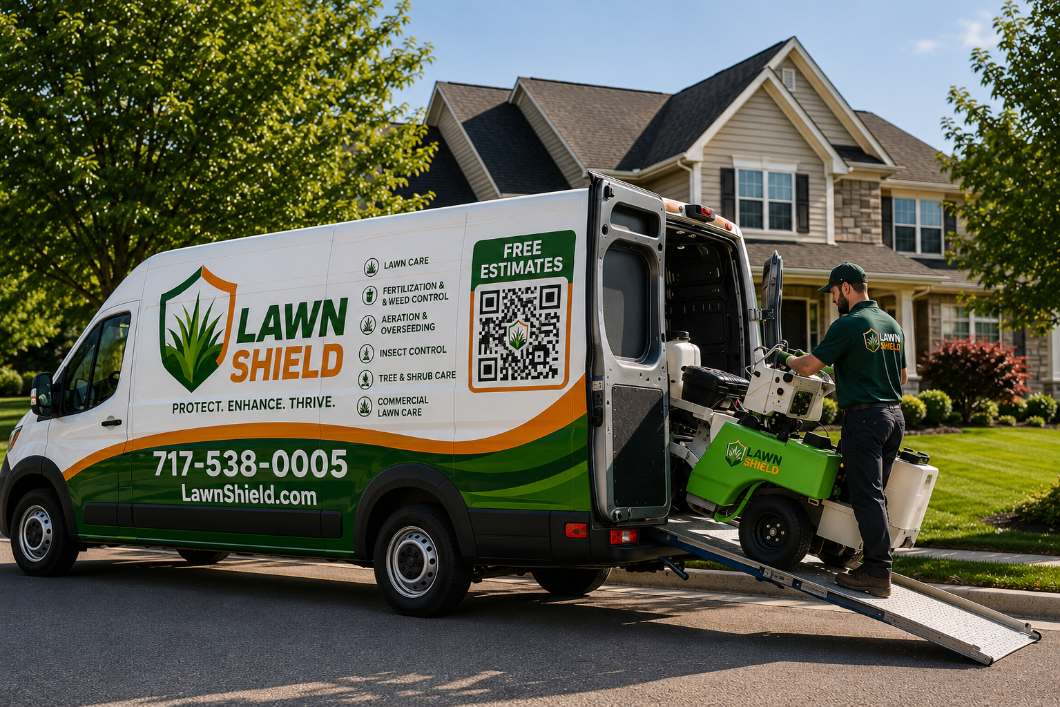 Lawn Shield technician unloading professional lawn treatment equipment from the company van at a Lancaster County home
